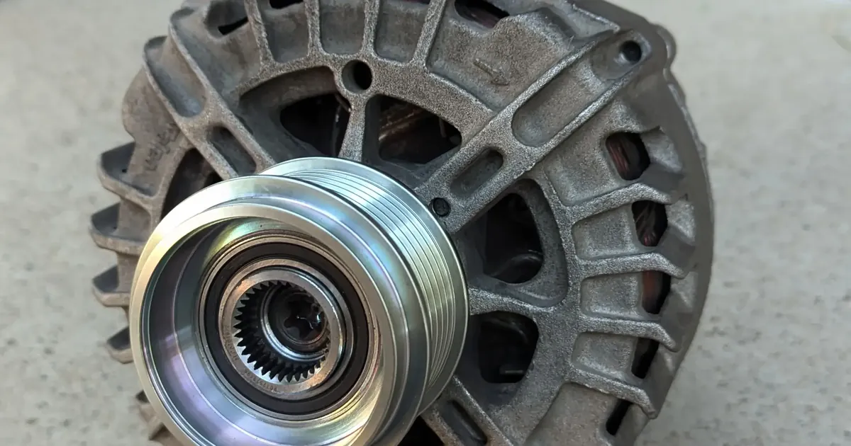 An alternator with its multi-groove pulley and clutch facing the camera, sitting on a concrete step
